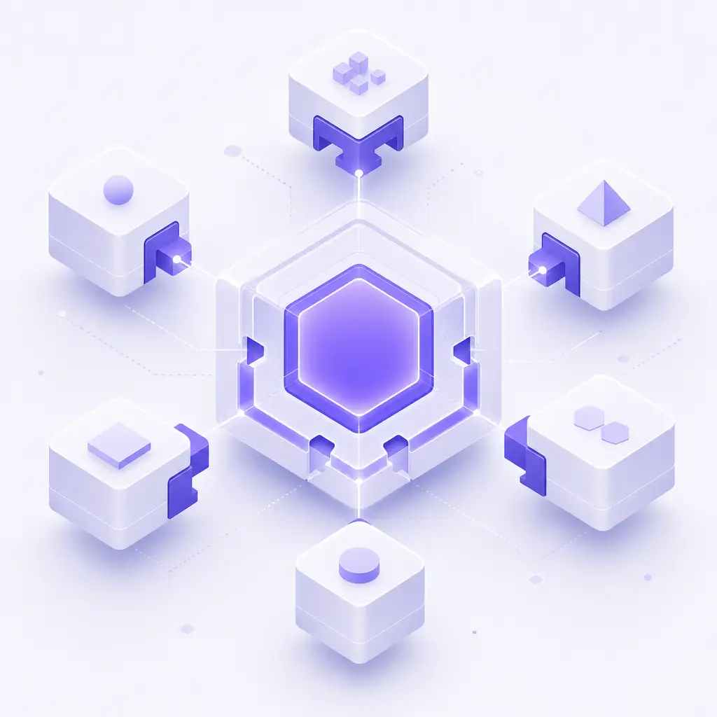 Illustration of modular software blocks connecting to one core